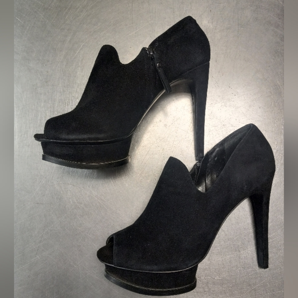 Gianni Bini Black Suede Leather Platform Open Toe Shoe Size 10M Stilettos Heel